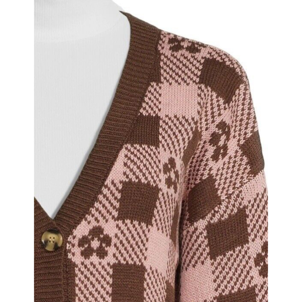 Women's Soft Pink/ Brown Cardigan Crop Knit Sweater Juniors Size M 7-9 Checkered